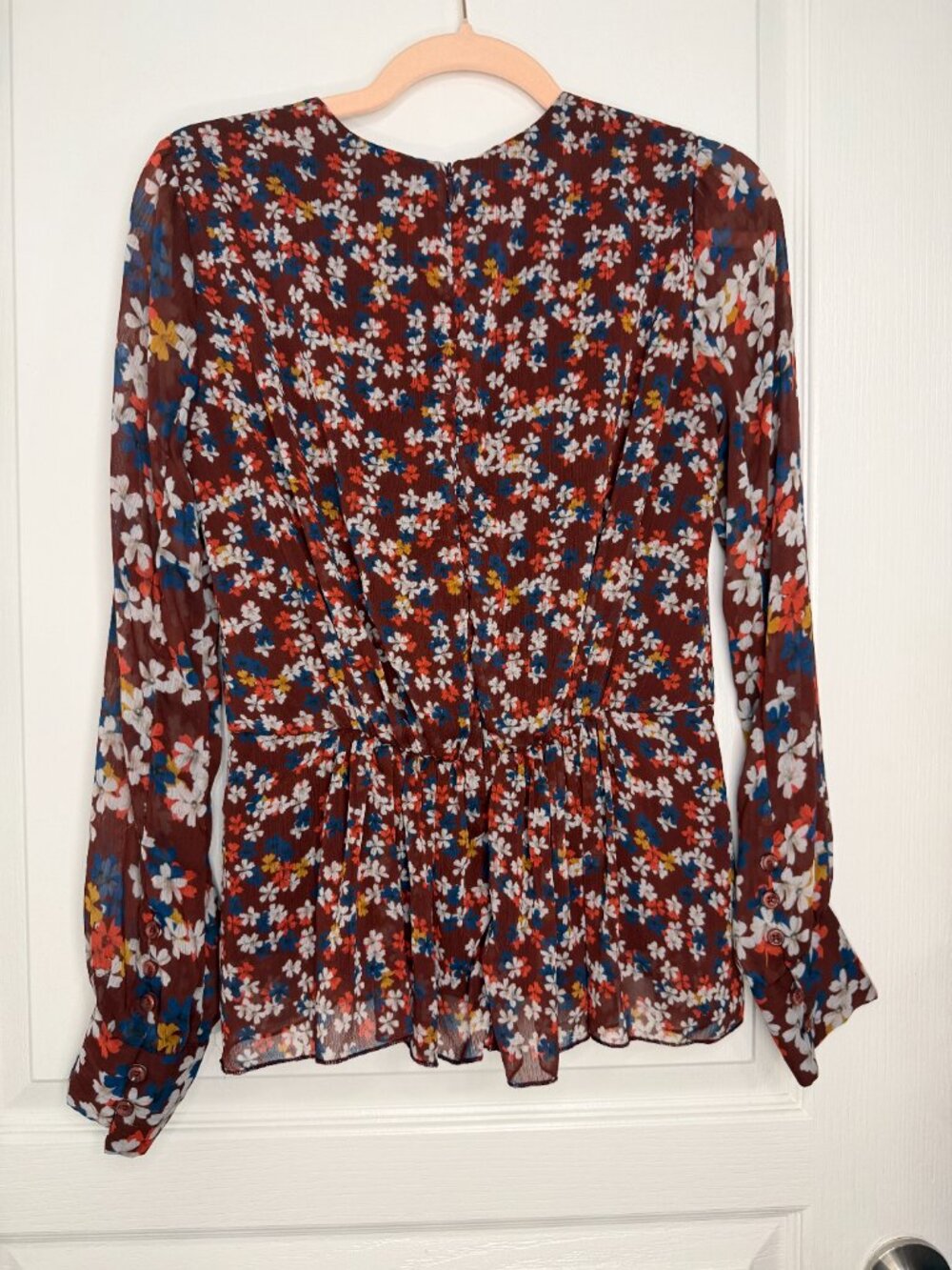 Jason Wu Collective Floral Sheer Peplum Blouse -Boho-- Burgundy– 4- MSRP $350 - Picture 9 of 14